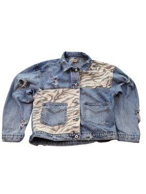 Vintage Havana Zebra Patchwork Denim Jacket Cropped Distressed Youth XL XS S